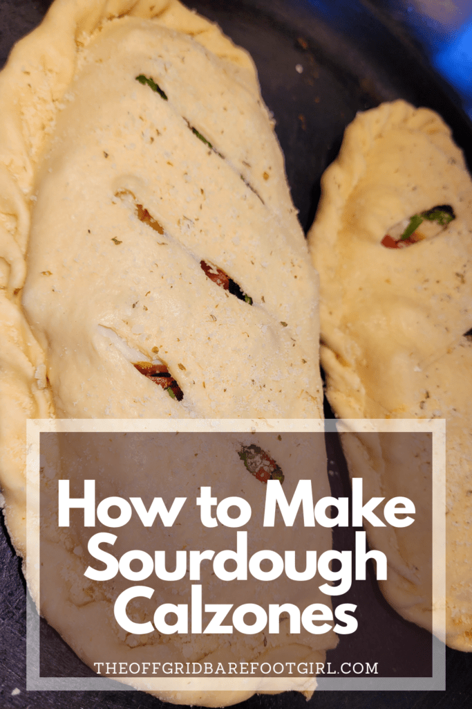 Image illustrates a Pinterest pin of sourdough calzones. 