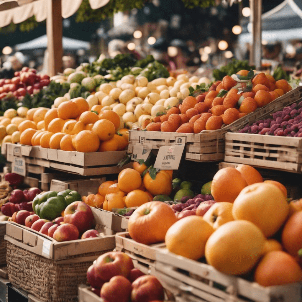Image illustrates a farmer's market demonstrating information on supporting farmer's markets.