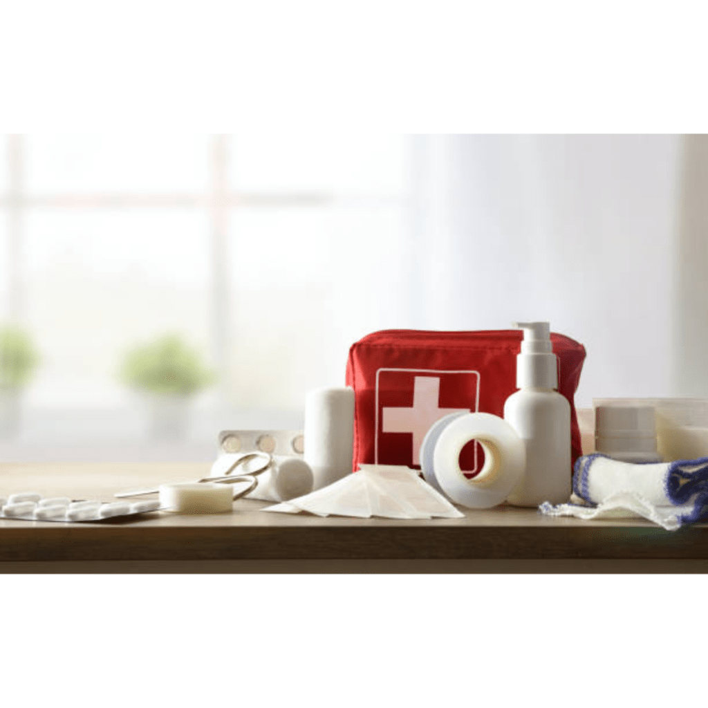 Image illustrates first aid supplies for camping gear. 