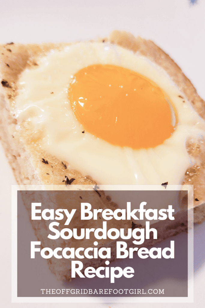 Image illustrates a Pinterest pin of sourdough focaccia bread recipe. 