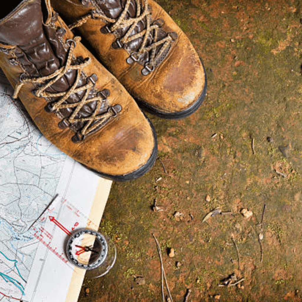 Image illustrates boots for camping gear. 