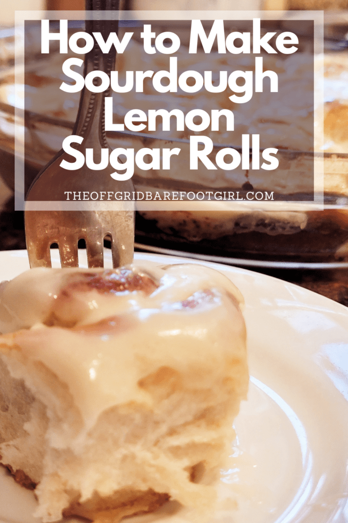 Image illustrates a Pinterest pin of sourdough lemon sugar rolls. 
