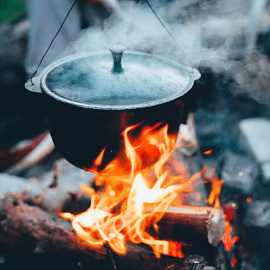 Image illustrates camping gear and cookware. 