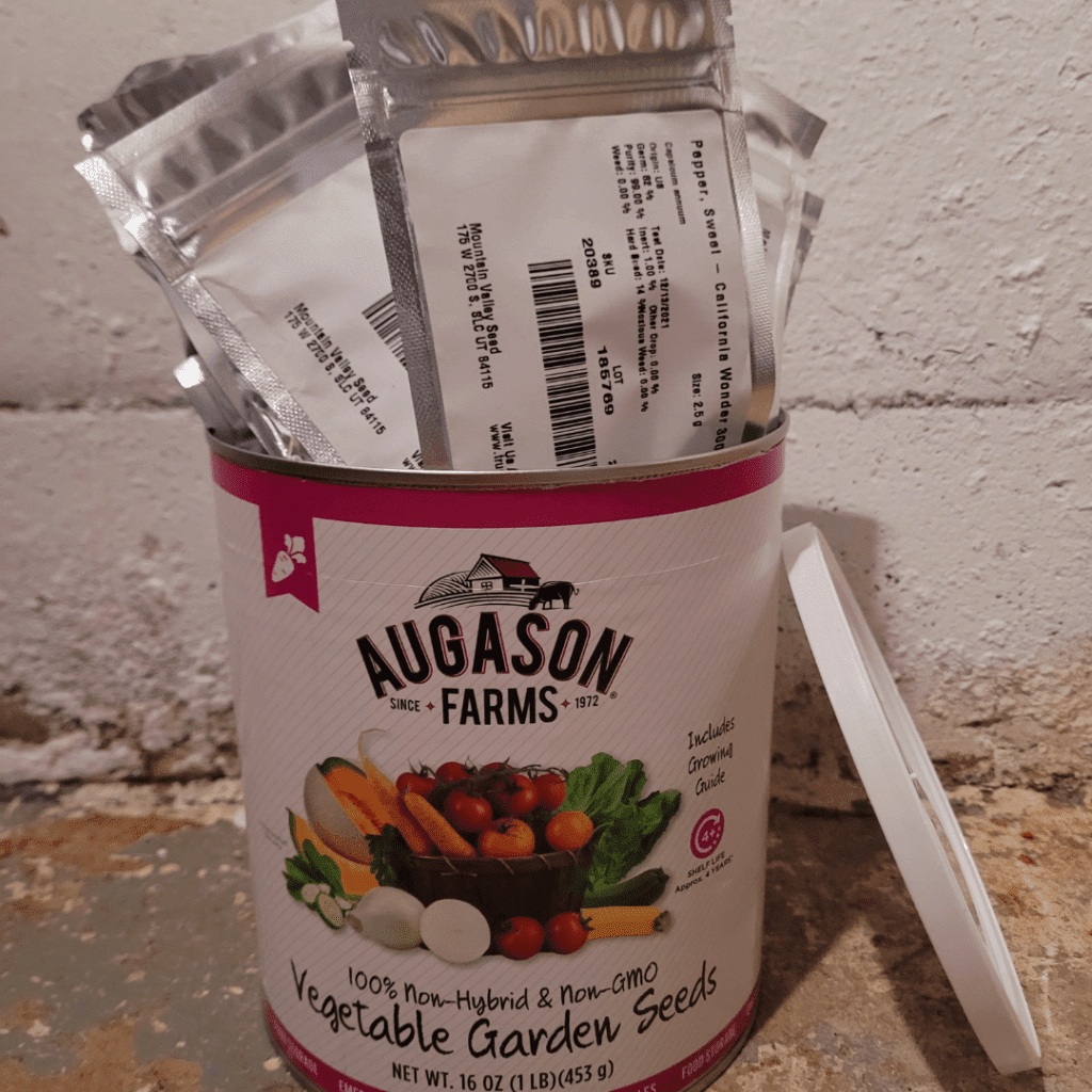 Image illustrates Augason Farms Vegetable Garden Seeds #10 can.