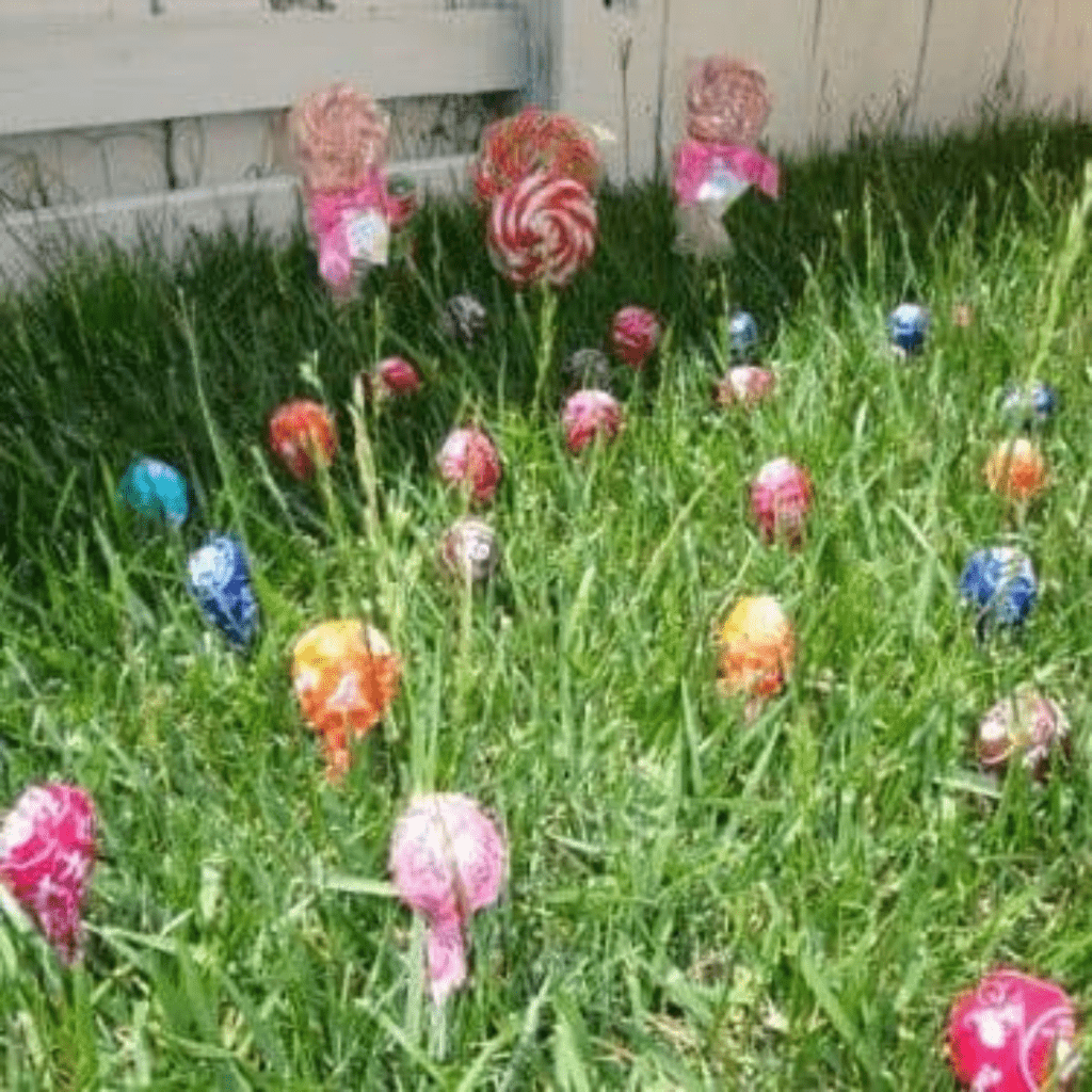 Image illustrates a lollipop garden for an Easter egg hunt. 