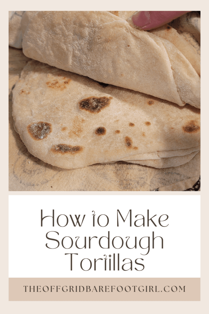 Image illustrates a Pinterest pin of sourdough tortillas.