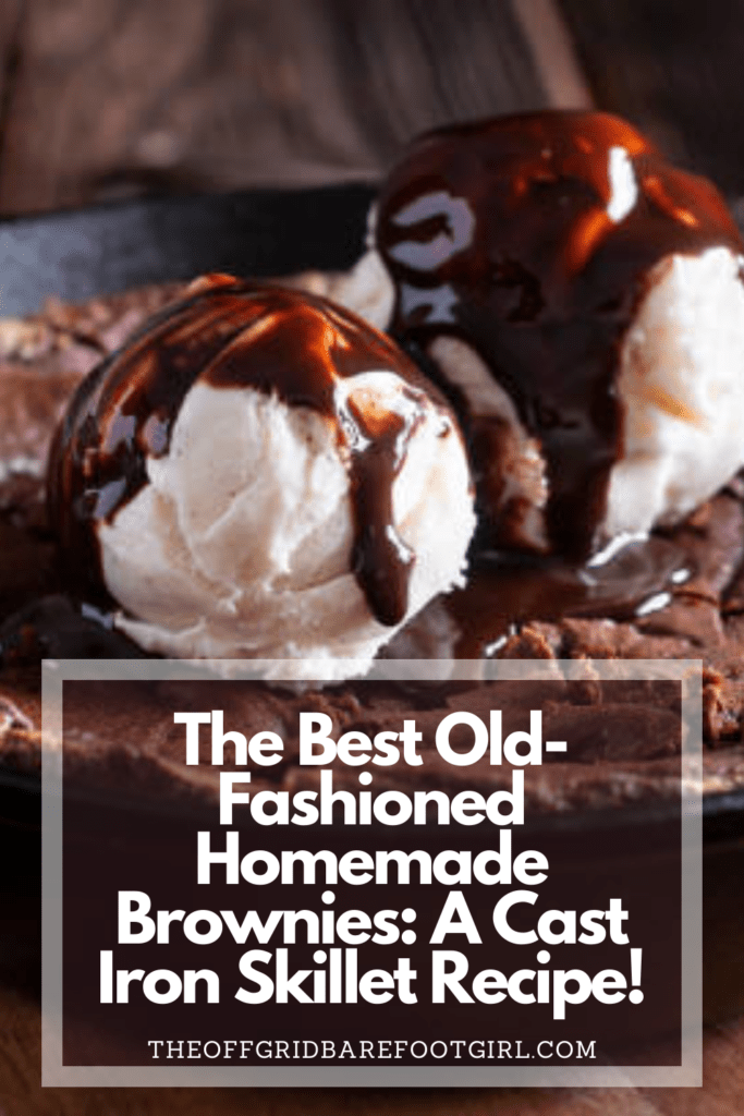Image illustrates a Pinterest pin of homemade brownies in a cast iron skillet.