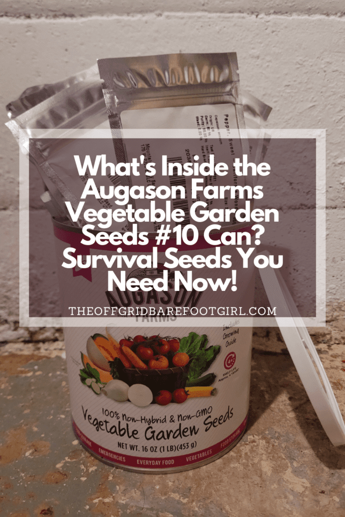 Image illustrates a Pinterest pin of Augason Farms Vegetable Garden Seeds #10 can.