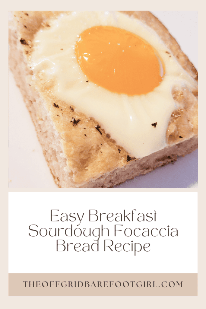 Image illustrates a Pinterest pin of sourdough focaccia bread recipe. 