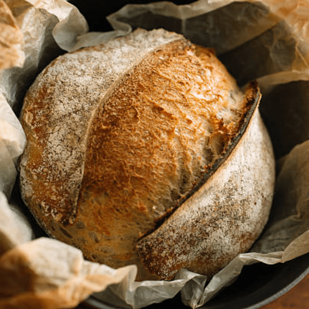 Image illustrates sourdough bread baking.