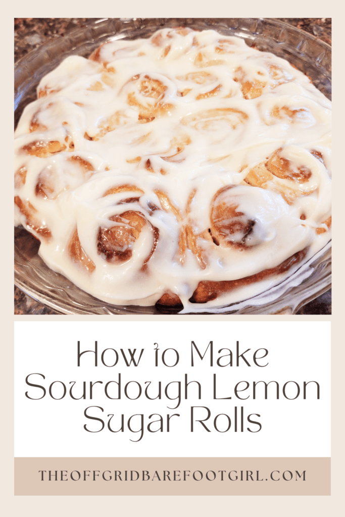 Image illustrates a Pinterest pin of sourdough lemon sugar rolls. 