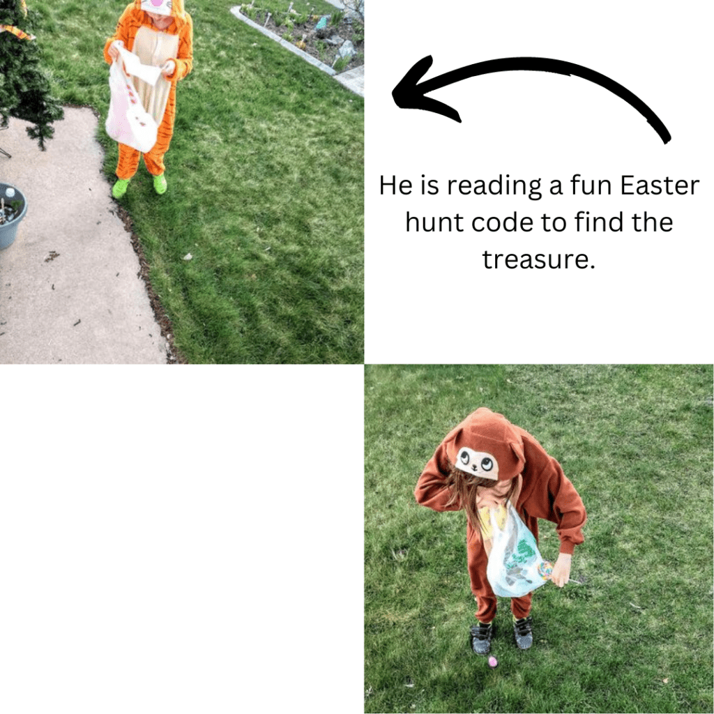 Image illustrates kids on an Easter egg hunt. 