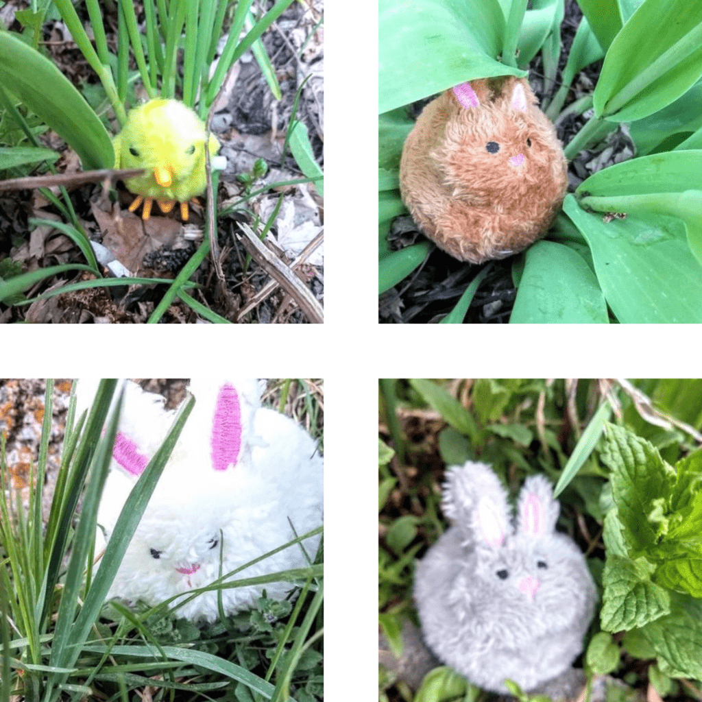 Image illustrates plush Easter bunnies and chicks for an Easter egg hunt. 