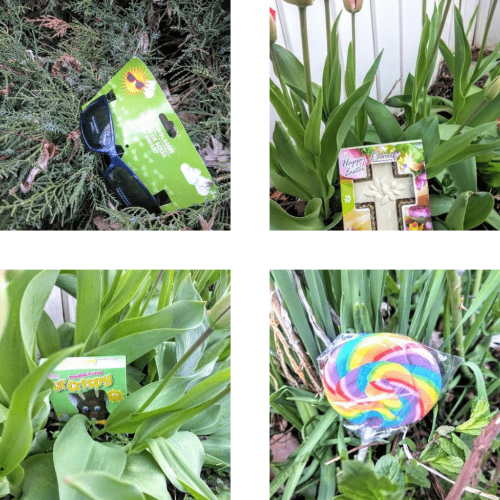 Image illustrates Easter treats and prizes for an Easter egg hunt. 