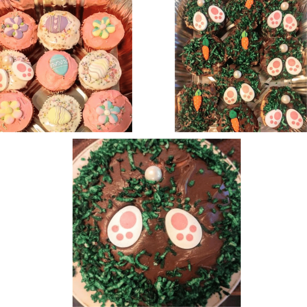 Image illustrates Easter cupcakes and cake treats. 