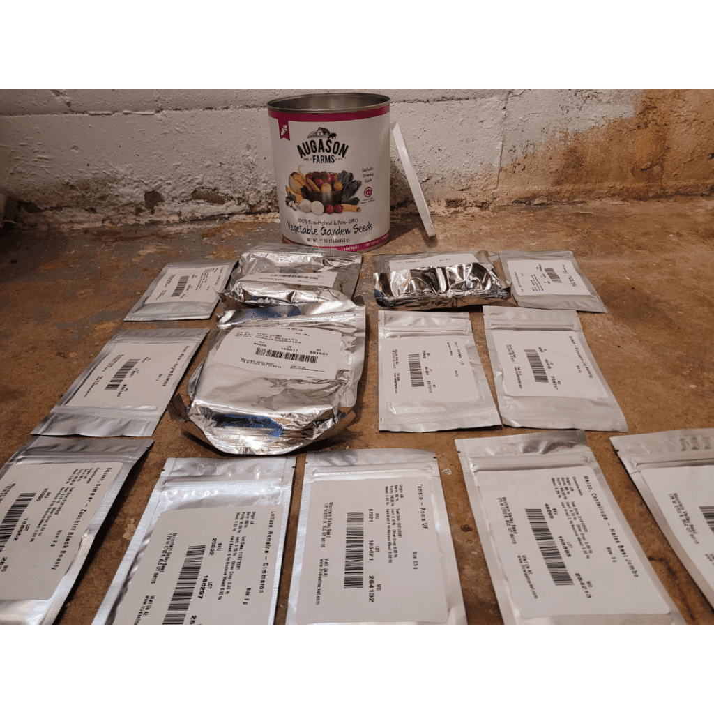 Image illustrates Augason Farms Vegetable Garden Seeds #10 can.