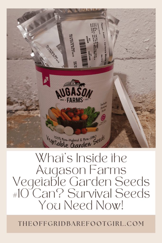 Image illustrates a Pinterest pin of Augason Farms Vegetable Garden Seeds #10 can.