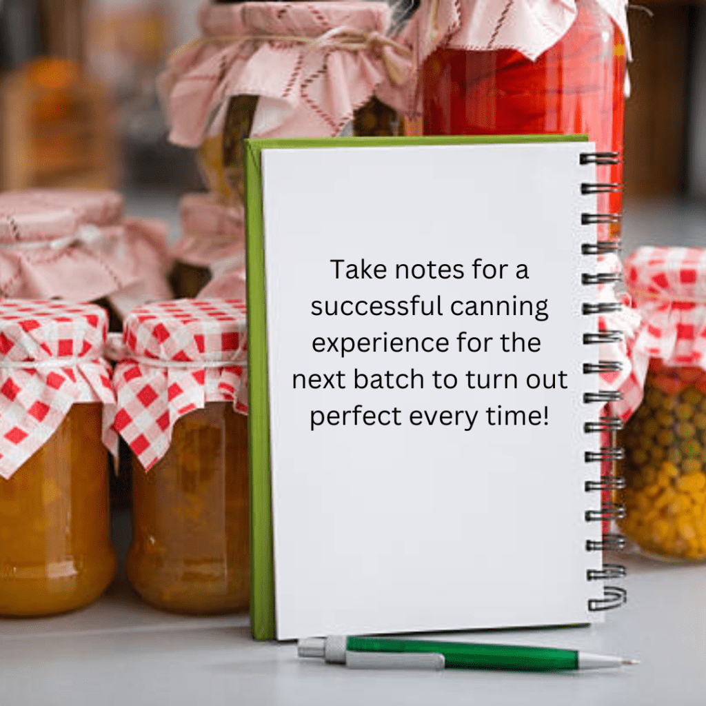 Image illustrates canned foods and a notepad for note taking of canning supplies.