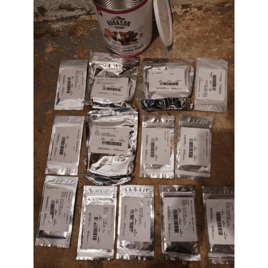 Image illustrates Augason Farms Vegetable Garden Seeds #10 can.