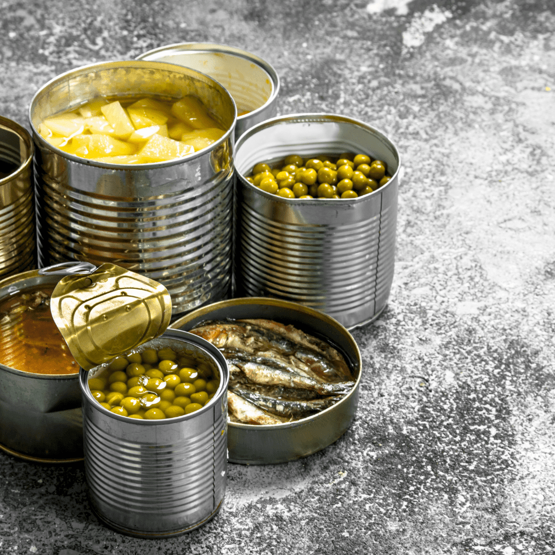 Image illustrates #10 cans for survival food kits.