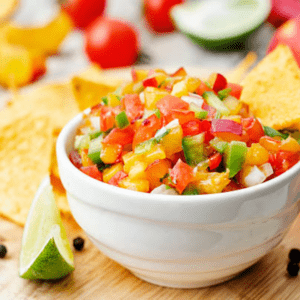 Image illustrates peach salsa.