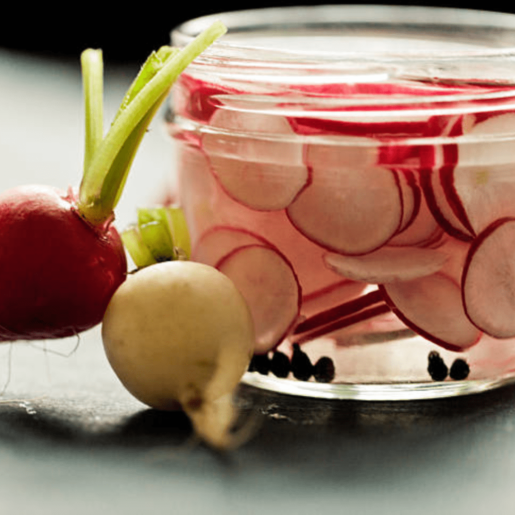 Image illustrates fermented radishes. 