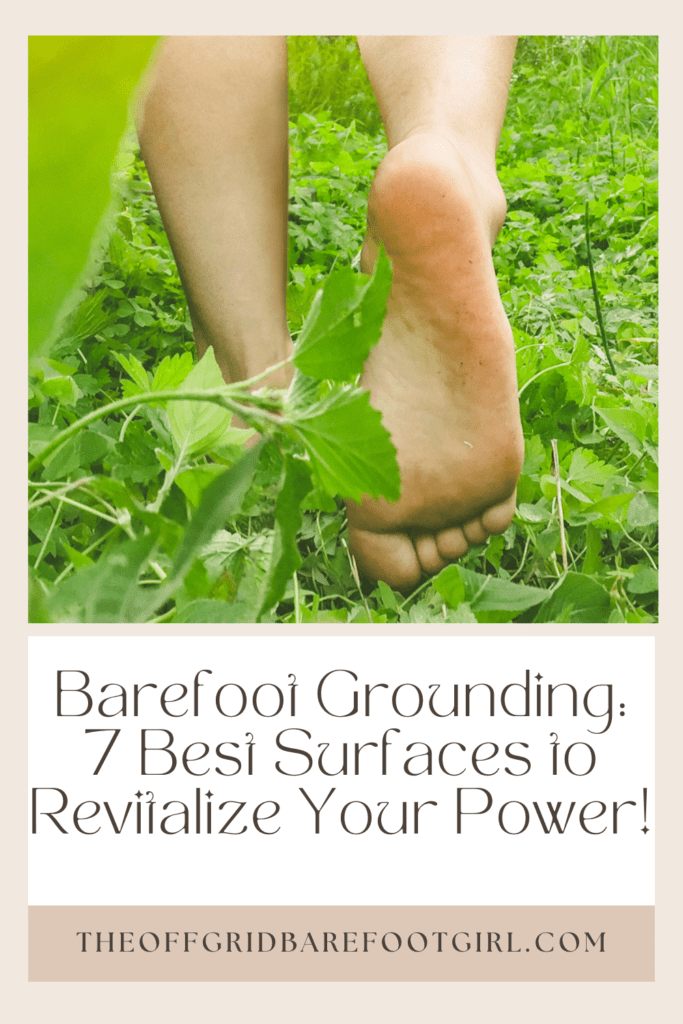 Image illustrates a Pinterest pin of barefoot in the grass barefoot grounding.