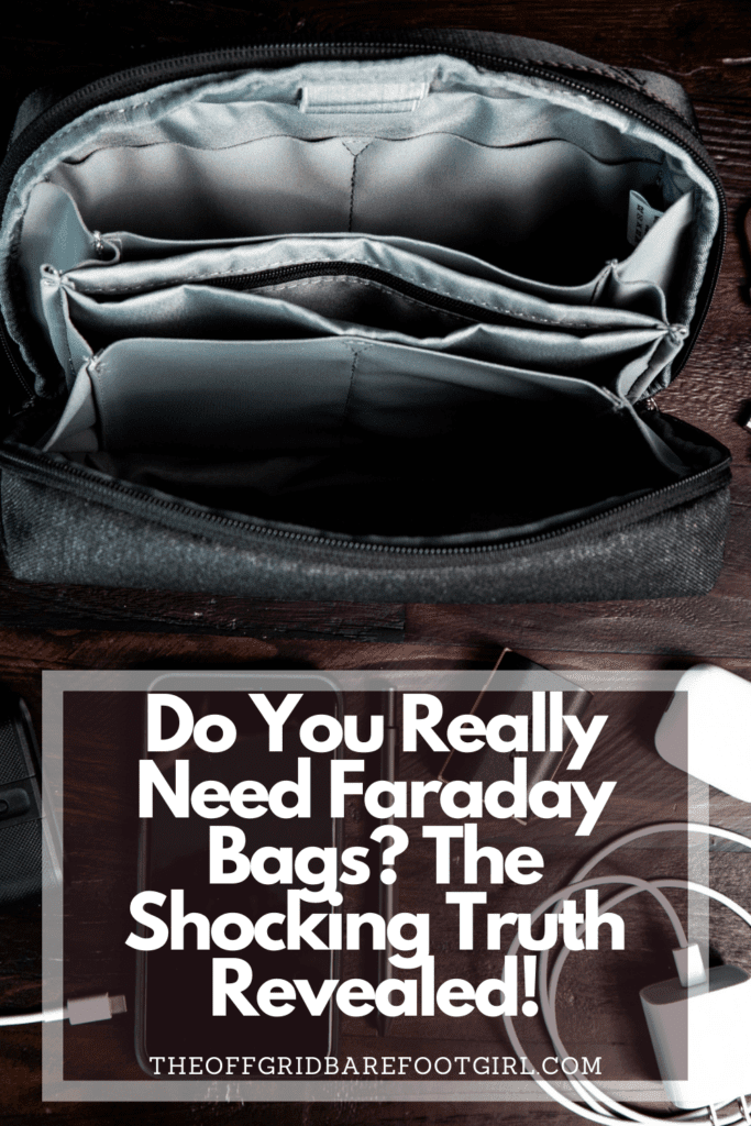 Image illustrates a Pinterest pin of Faraday bags for device and personal ID protection.