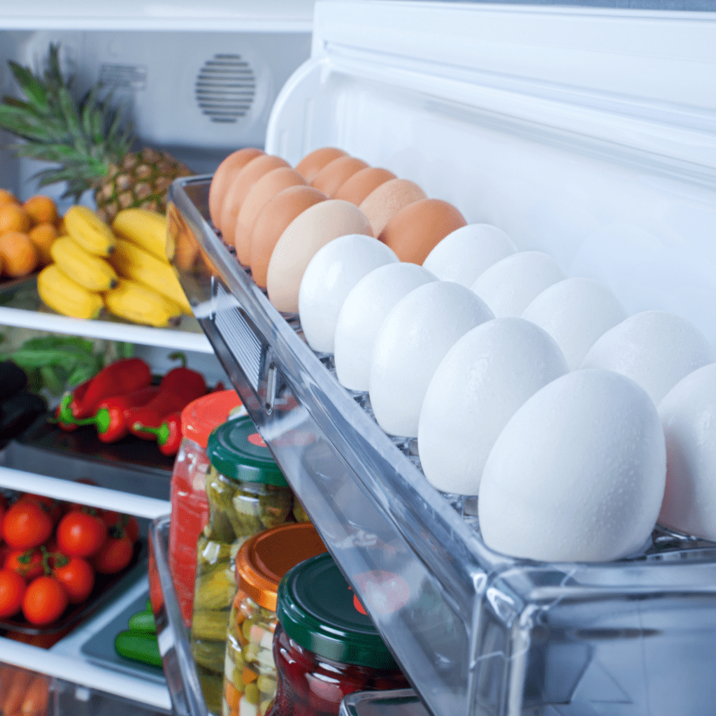 Image illustrates food inside of a refrigerator. 