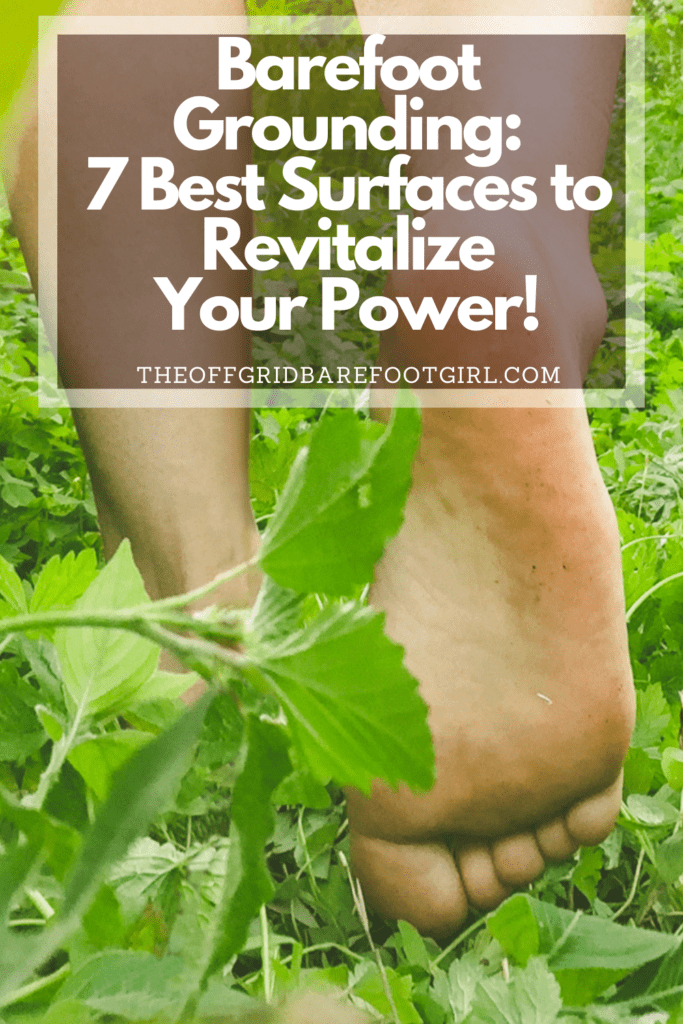 Image illustrates a Pinterest pin of barefoot in the grass barefoot grounding.