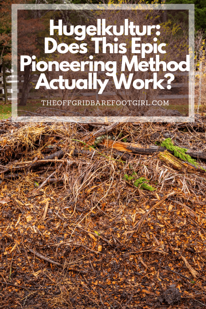 Image illustrates a Pinterest pin of a hugelkultur garden. 