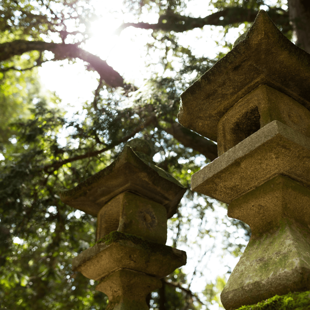 Image illustrates stone Ishidoro in a Japanese tea garden. 