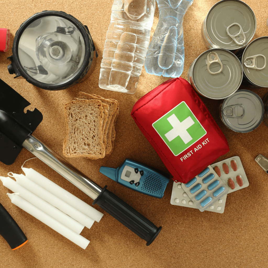 Image illustrates survival food kits. 