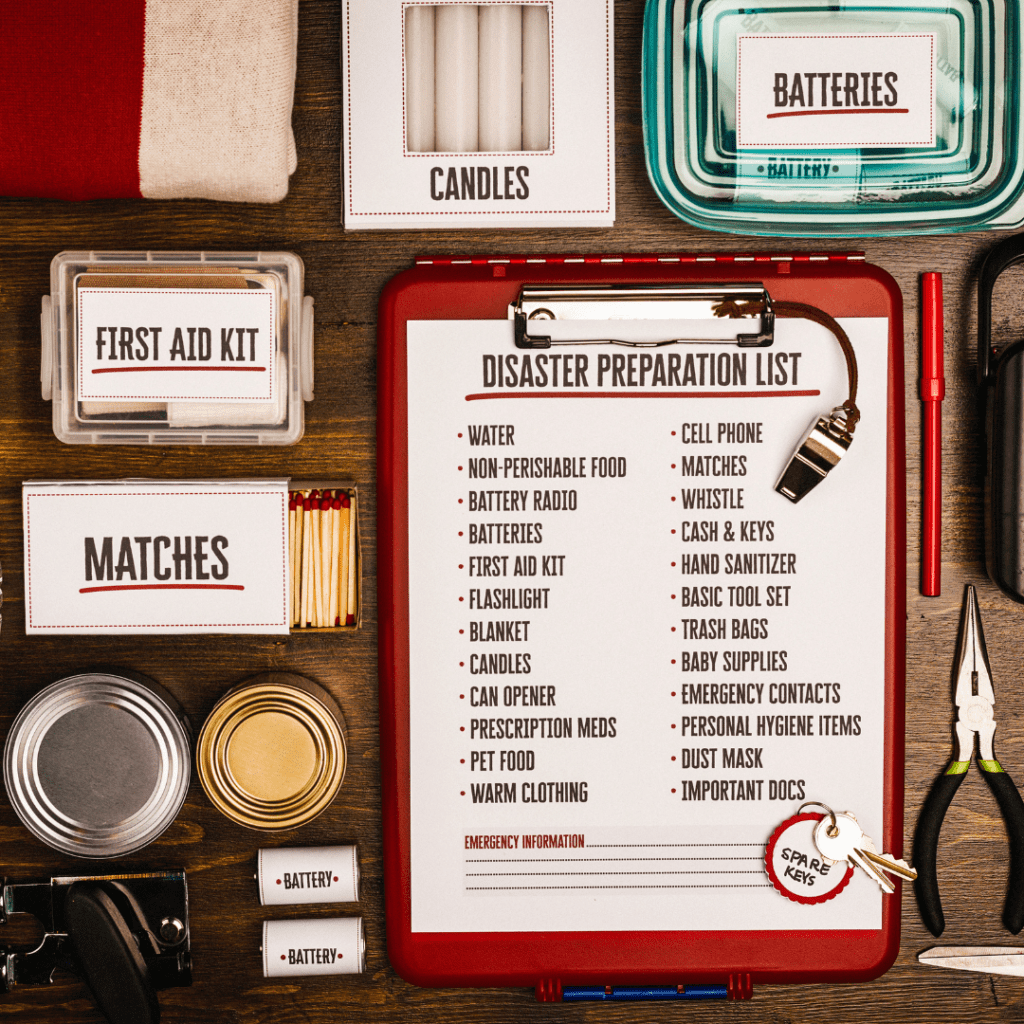 Image illustrates survival preparation list. 