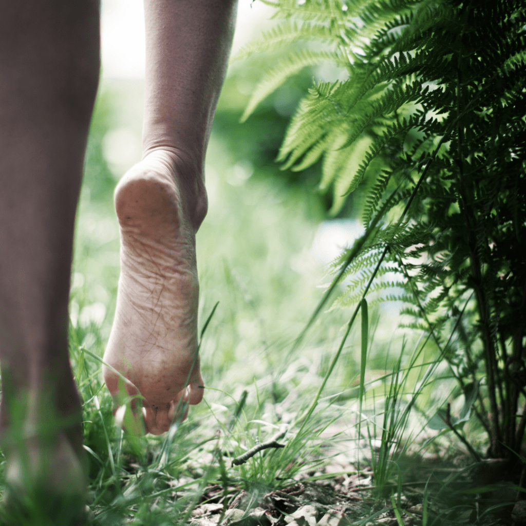 Image illustrates barefoot in grass for barefoot grounding.