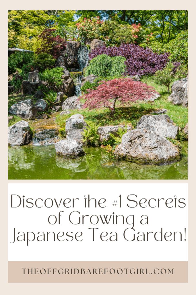 Image illustrates a Pinterest pin of a Japanese tea garden. 