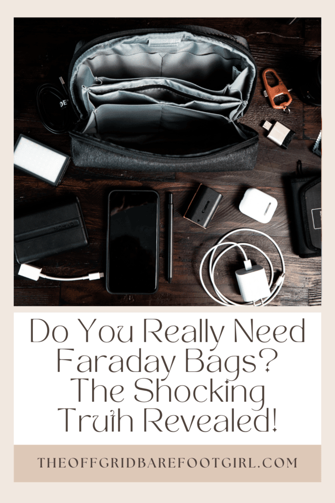 Image illustrates a Pinterest pin of Faraday bags for device and personal ID protection.