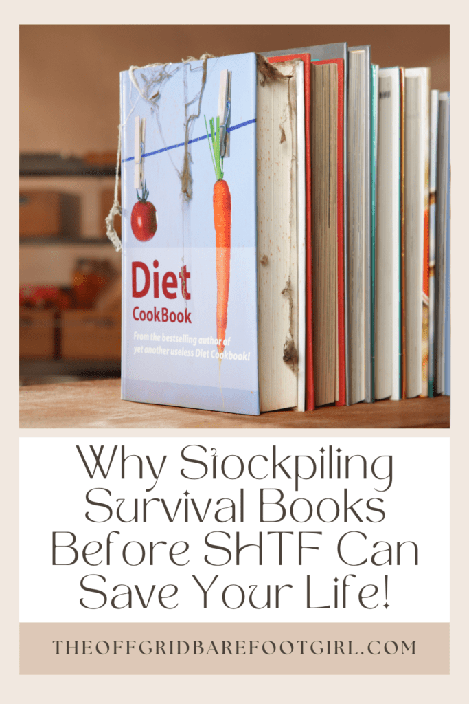 Image illustrates a Pinterest pin of survival books and cookbooks. 