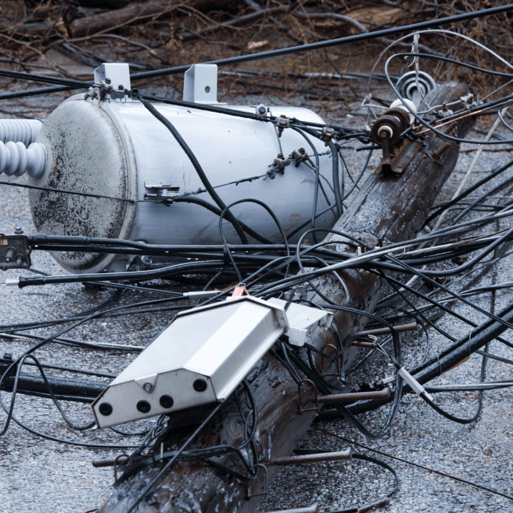 Image illustrates a downed line and power outage. 