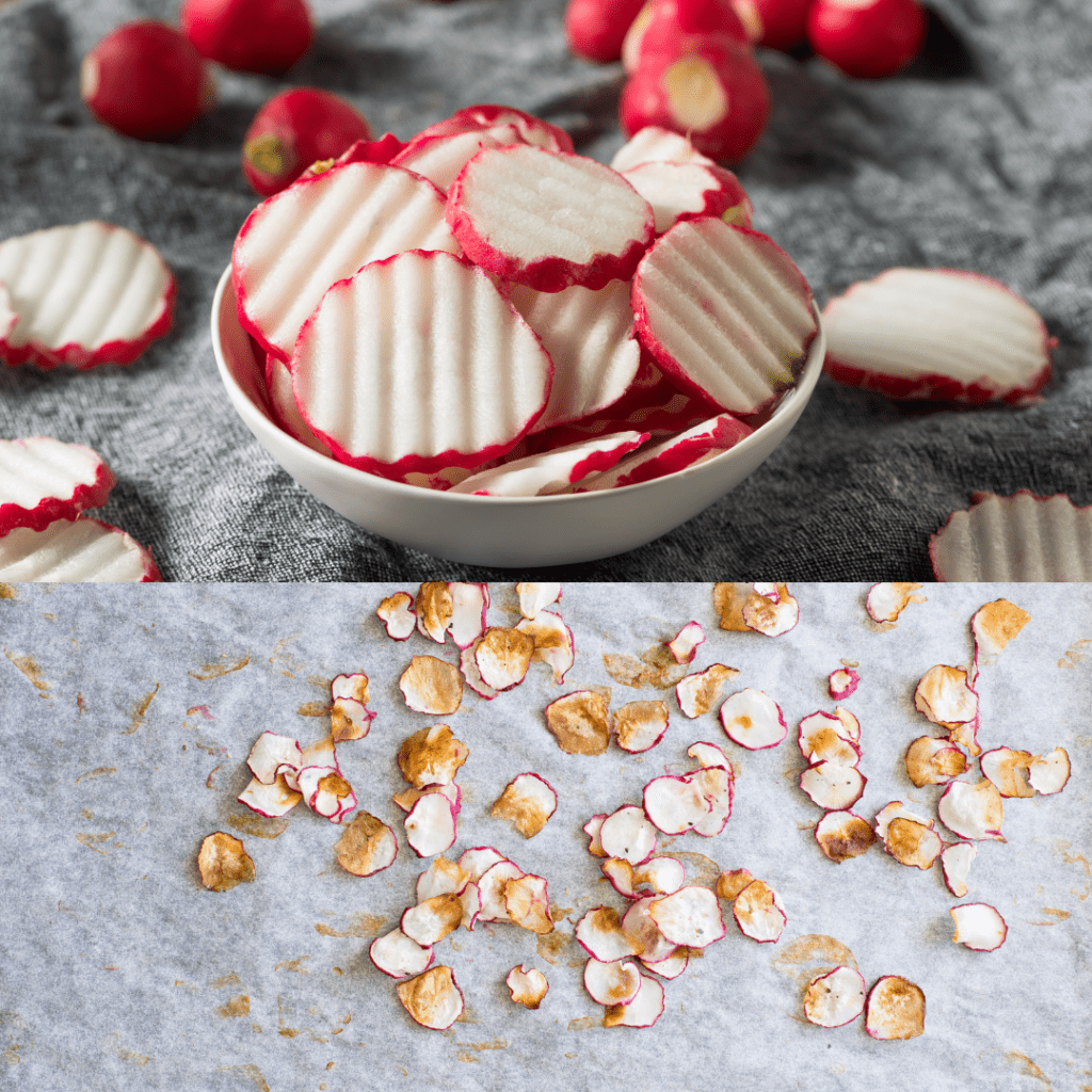 Image illustrates dehydrated radish chips.