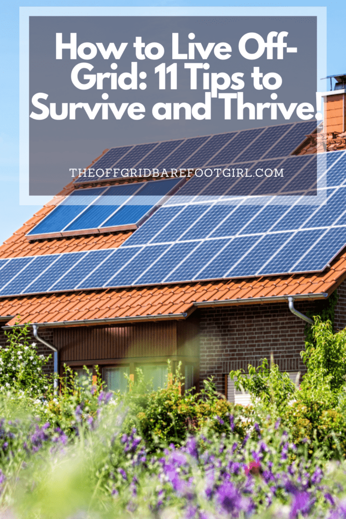Image illustrates a Pinterest pin of solar panels on a house for how to live off-grid. 