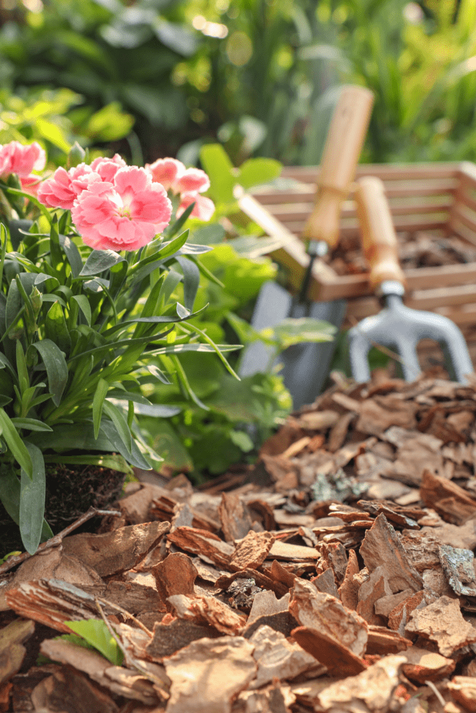 Image illustrates a garden with flowers and garden tools. 