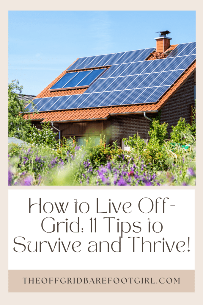 Image illustrates a Pinterest pin of solar panels on a house for how to live off-grid. 