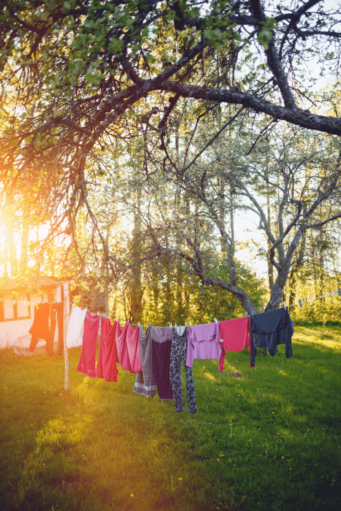 Image illustrates a clothesline for how to live off-grid. 