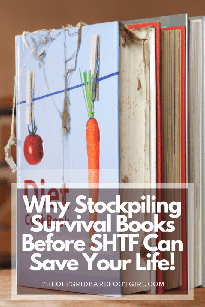 Image illustrates a Pinterest pin of survival books and cookbooks. 