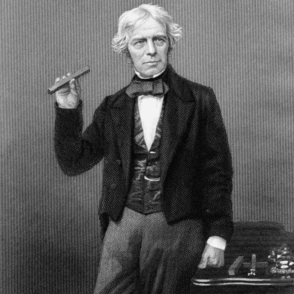 Image illustrates Michael Faraday.