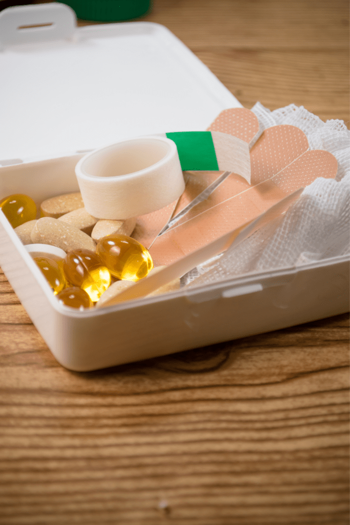 Image illustrates a first aid kit. 