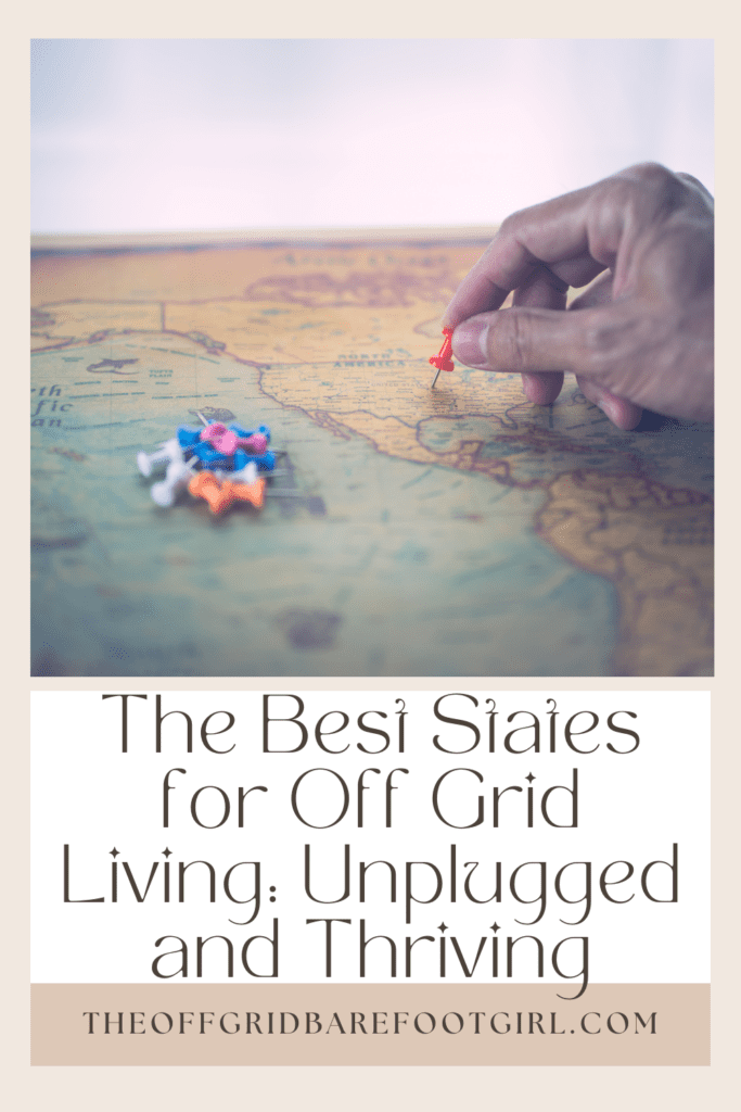 Image illustrates a Pinterest pin of the best states for off grid living. 