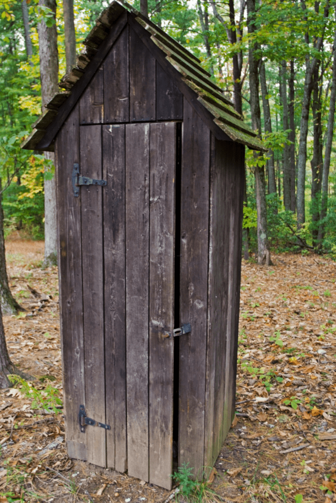 Image illustrates an outhouse with composting toilet systems.