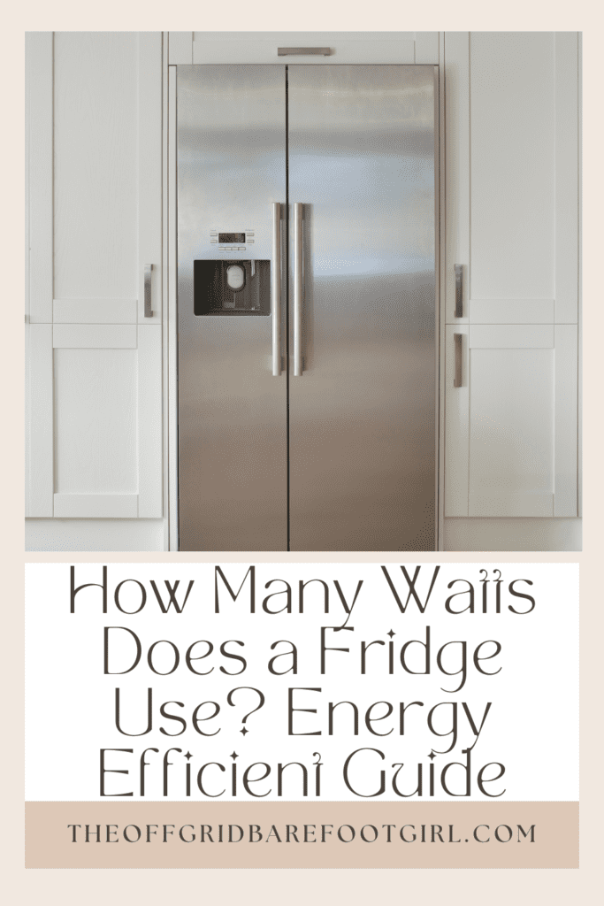 Image illustrates a Pinterest pin of a fridge demonstrating how many watts does a fridge have.